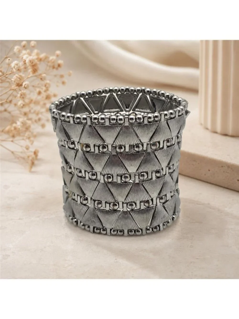 Silver Tone Geometric Fan Wide Stretch Cuff Statement Bracelet 6.5